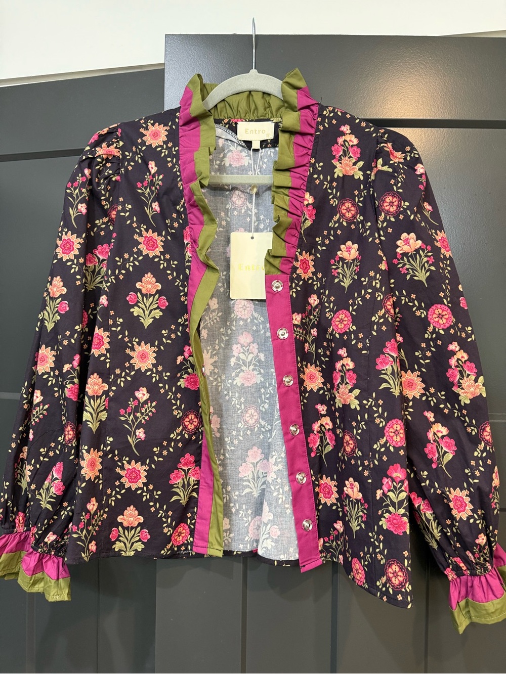 entro Navy Floral Ruffle Button-Front Blouse with Pink & Olive Trim